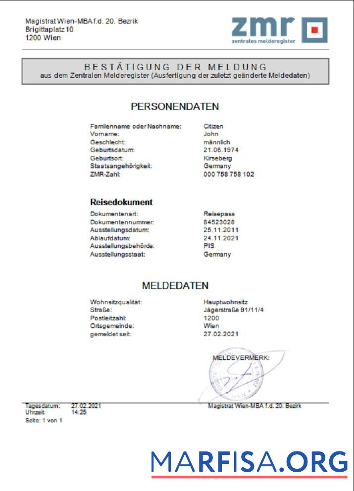 Downloadable Austria ZMR Zentrales Melderegister Central register of residents document template in Word format